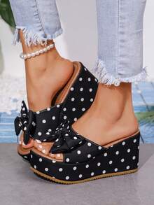 2026 女士凉鞋，黑白波点蝴蝶结厚底坡跟时尚凉鞋，女士时尚圆头套脚增高舒适凉鞋，适合春夏休闲、日常、派对穿着，可搭配连衣裙 - 黑色 - 查看 6