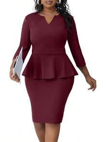 Plus Size Vintage Peplum Pencil Dress For Work Or Church - 酒紅色 - 查看 12