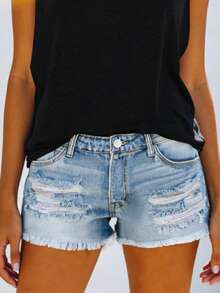 Fashionable Casual Vacation Style Washed Frayed Distressed Loose Women Denim Shorts Summer - Light Wash - View 7