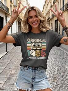 1986 Limited Edition Vintage Cassette Tape Pattern Women's Comfortable Short Sleeve T-Shirt - Retro Geometric Print Casual Top Summer - Dark Grey - View 3