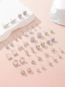 20 Pairs Of Irregular Geometric Cute Flower-Shaped Heart-Shaped Butterfly Multi-Element Earrings. Suitable For Daily Wear, Casual Outings Or Parties. Fashionable Ladies' Exquisite Earrings. - Silver - View 2