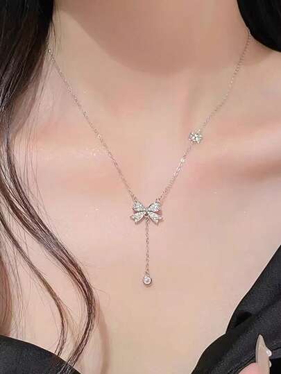 1pc S925 Sterling Silver Elegant Zirconia Butterfly Tassel Necklace, Versatile & Graceful Daily Wear Gift For Women