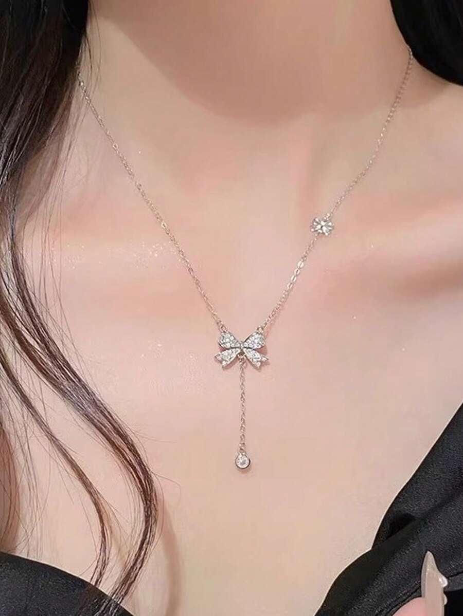 1pc S925 Sterling Silver Elegant Zirconia Butterfly Tassel Necklace, Versatile & Graceful Daily Wear Gift For Women - Silver - View 1