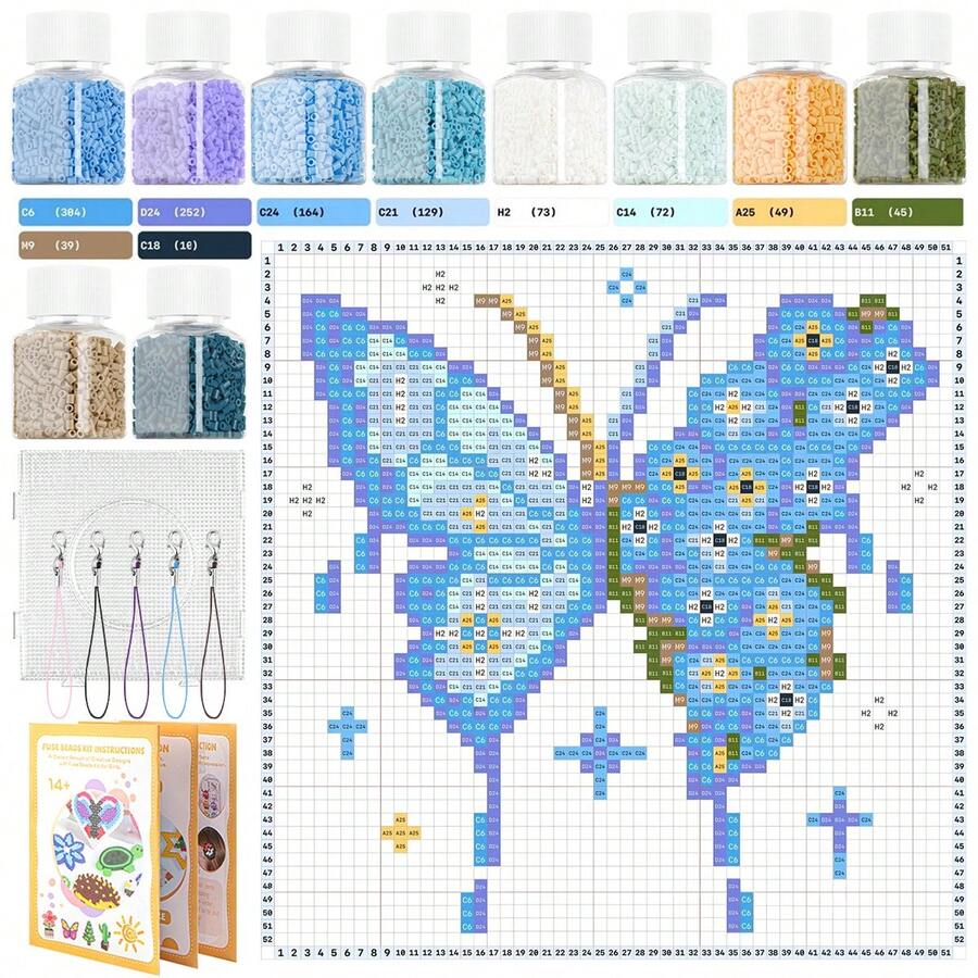 10瓶2.6毫米熔珠套装，蓝色蝴蝶图案，可用于制作风铃、冰箱贴，包含各种颜色的挂绳和透明洞洞板，附带说明书。 - 2.6mm拼豆豆 - 查看 1