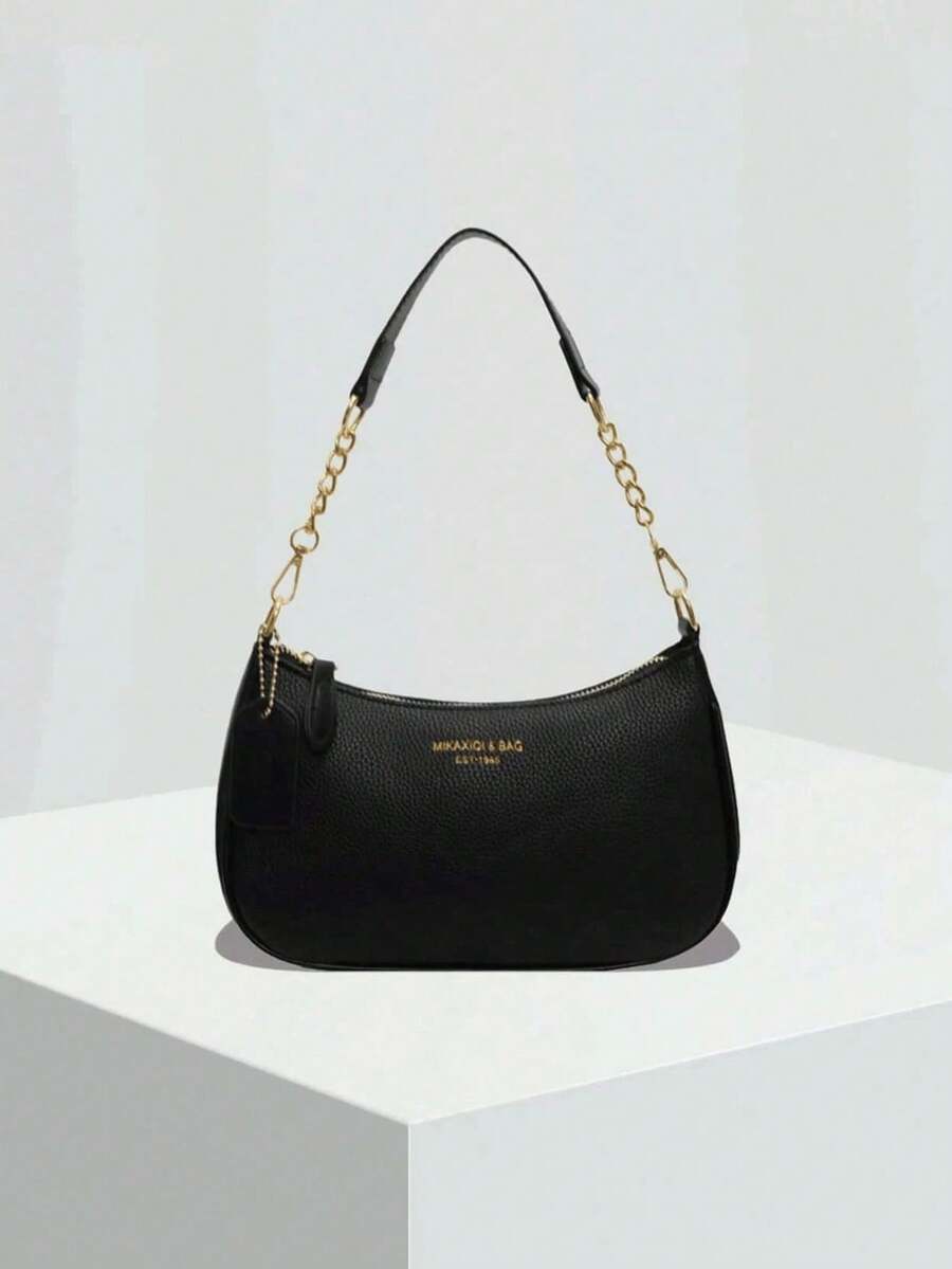 This Fashionable, Classic And Versatile Letter Graphic Design Solid Color PU Waterproof Material Crescent-Shaped Shoulder/Underarm Bag Is Suitable For Shopping And Can Be Worn Crossbody. - 黑色 - 查看 1