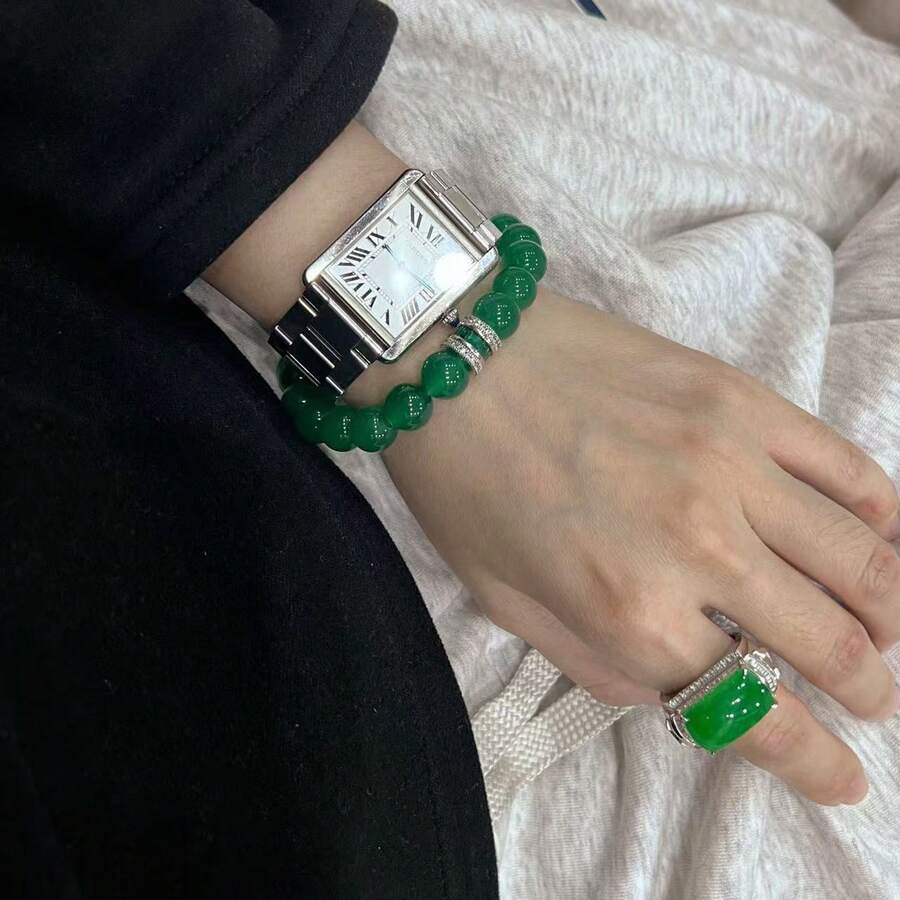 Vòng tay đính hạt đá Chalcedony xanh tự nhiên, phong cách sang trọng tinh tế với điểm nhấn đá CZ và đá xanh, trang sức đá quý màu xanh thanh lịch dành cho cả nam và nữ. - màu xanh lá - Xem 1