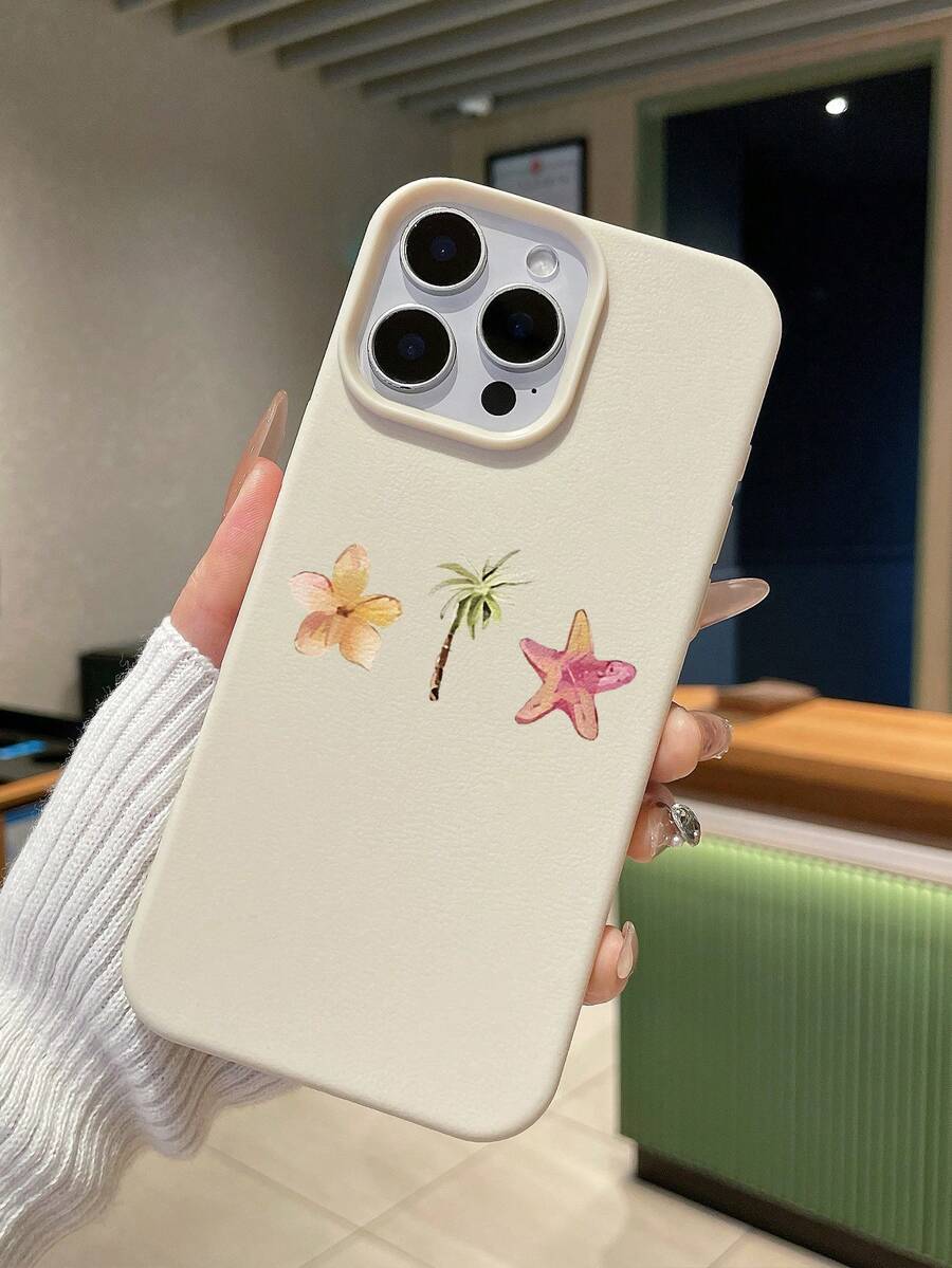 Tropical Beach Coconut Tree & Starfish Phone Case, Beige Faux Leather Anti-Fall Anti-Scratch Anti-Fingerprint Minimalist Phone Case, Summer Vacation Style Fashion Phone Case, Ideal For Holiday/Graduation/Birthday Gift, Daily Versatile Phone Case, Compatible With IPhone/ - White - View 1