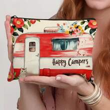1 pieza Bolsa de maquillaje con estampado floral de caravana vintage - Estuche de cosméticos de viaje de acuarela "Happy Campers" organizador portátil de lona con cremallera para mujeres, niñas y amantes del camping - Multicolor - Ver 4