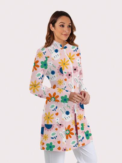 cimmuovere Women's New Printed Animal Pattern Zipper Front Stand Collar Long Sleeve Long Scrubs Jacket With Pockets, Nurse Scrubs Workwear For Dentist, Healthcare, Pet Hospital, Laboratory, Preschool Teacher Uniform