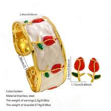 1 Set Of Naturalistic Style Stainless Steel Bracelet And Earrings Decorated With Colorful Enamel Rose Flower Design, Suitable For Women's Fashion Outfits Or As Party/Holiday Gift For Friends - Yellow Gold - View 2