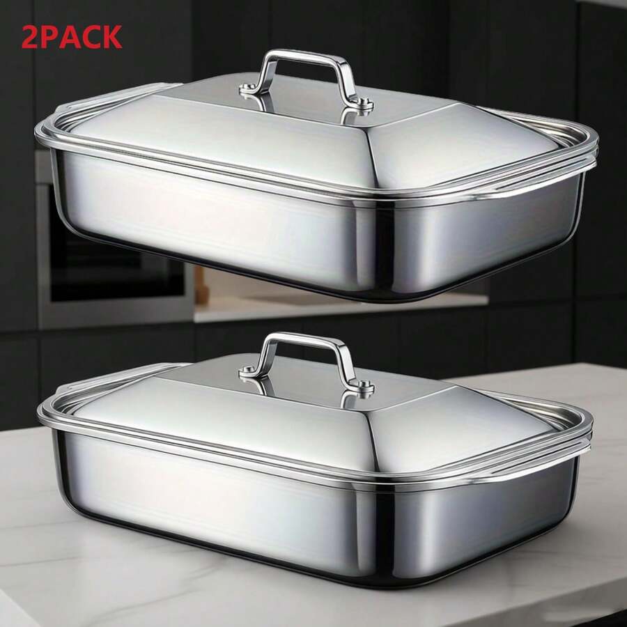 LAISONWARE Bộ 4 khuôn nướng sâu bằng thép không gỉ dày dặn kèm nắp - Chống dính cao cấp, an toàn với máy rửa chén | Có thể xếp chồng lên nhau, tiết kiệm không gian, lý tưởng cho món lasagna, thịt nướng Phục Sinh và bánh kem nhiều lớp | Vật dụng thiết yếu cho nhà hàng và gia đình mùa xuân