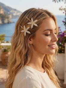 2个闪亮水钻海星发夹，简约金色金属发卡，时尚沙滩度假风侧边发饰 - 金色 - 查看 5