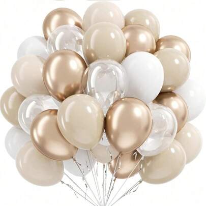 40pcs/Pack 10-Inch Metal Champagne Gold, Vintage Sand White, Matt White And Transparent Round Balls With 1pc Silver Ribbon, Suitable For Valentine's Day Confession, Birthday Decoration, Wedding Decoration, Room Decoration, Singles Party, Etc.