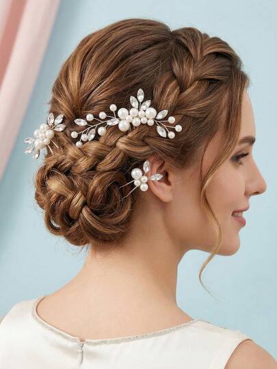 Set de 3 piezas de accesorios para el cabello de novia elegantes y románticos con flores de perlas y cristales, peineta y pasador de cabello minimalista y elegante para boda o banquete