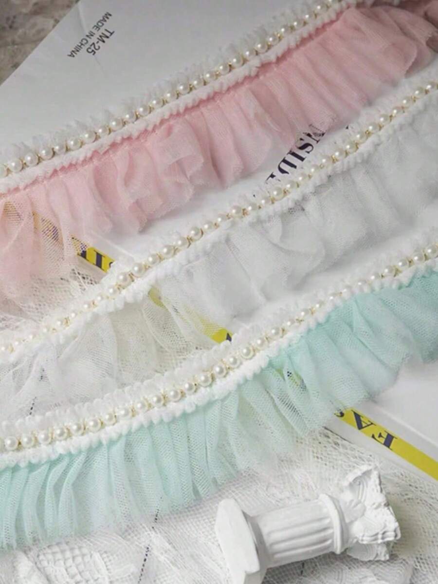 1 pieza de Encaje con volantes de perlas, Borde de encaje bordado Accesorio de costura para mangas y cuello DIY - Malla de perlas - Ver 1