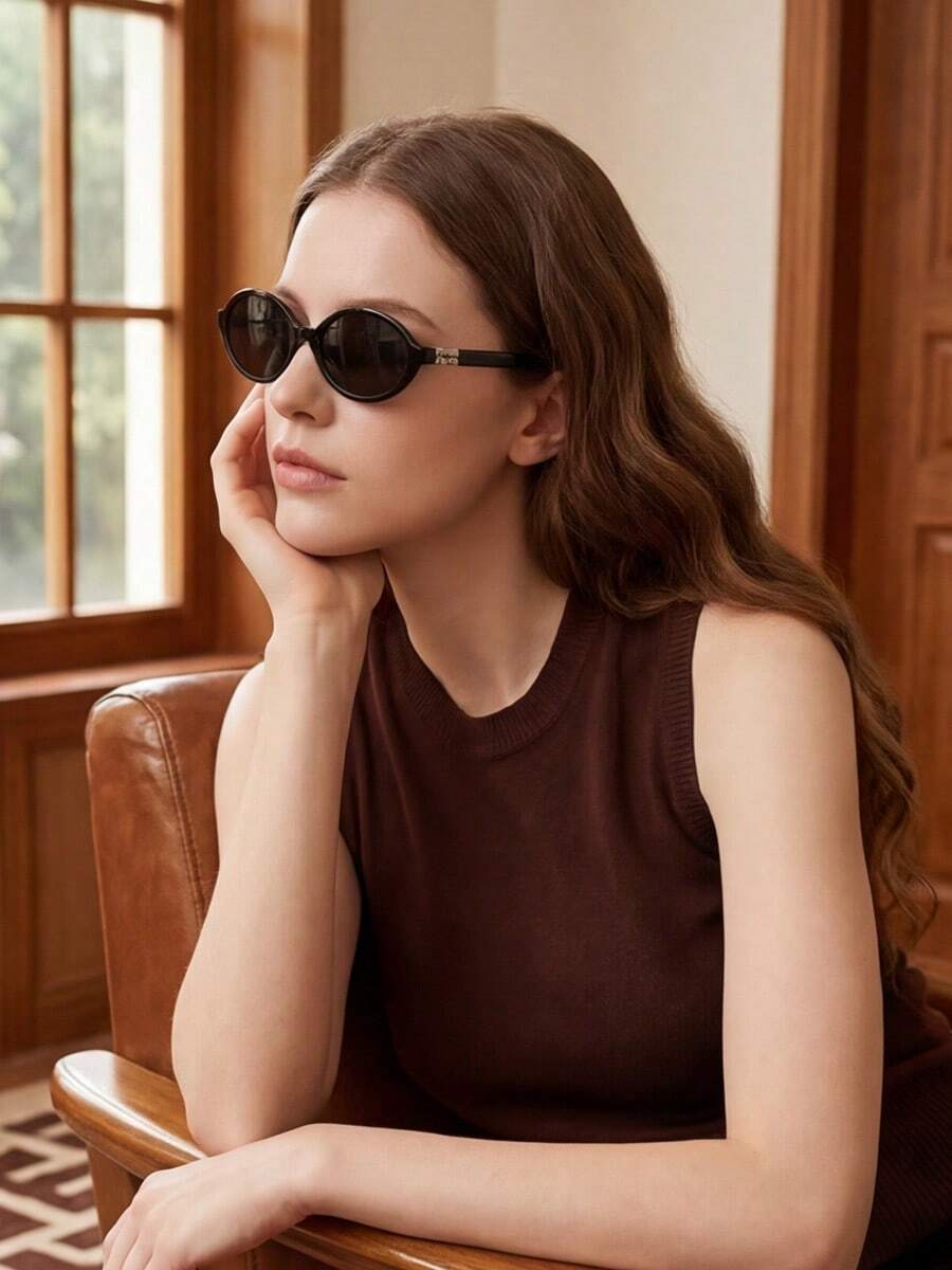 Miu Miu Black Oval Frame Gold Logo UV Protection Fashionable Women's Sunglasses, Summer Beach Style - Black - View 1