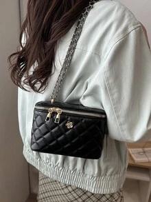 Bolsa Quadrada Pequena com Corrente Clássica de Losango, Bolsa de Cosméticos Mini com Decoração Floral de Metal, Bolsa a Tiracolo Transversal para Mulheres, Adequada para Trabalho, Viagem e Uso Diário - Preto - Visão 3