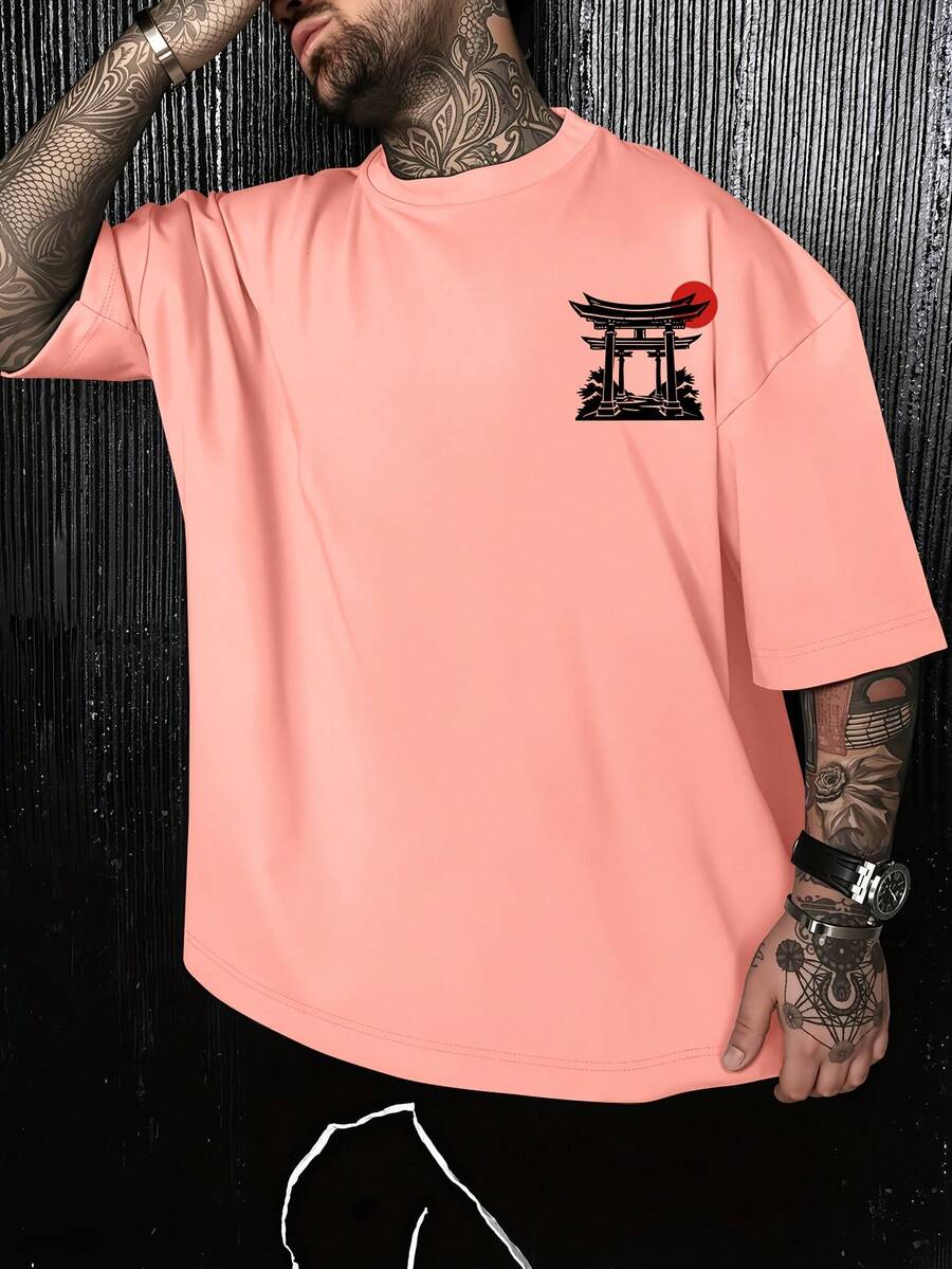 Men's Popular Pink T-Shirt, Loose Fit With Letter Print, Breathable, Casual, Short Sleeves, Full Street Art Style. T-Shirt With Japanese-Style Landscape Graffiti, Unique Aesthetic. - 粉色 - 查看 1