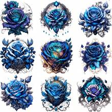 9-Pack Blue Rose Iron-On Transfer Sticker Design Floral Cat Decal Heat Press Decal Vinyl Heat Transfer Patches For DIY Clothing T-Shirt Denim Jacket - A - View 1