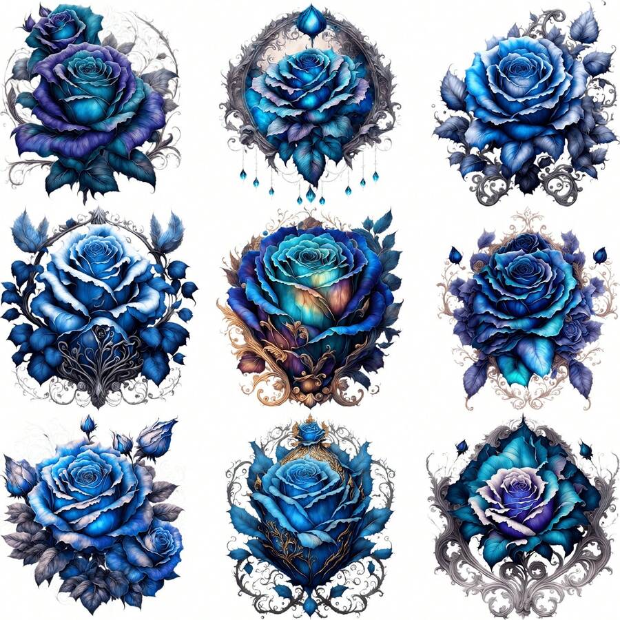 9-Pack Blue Rose Iron-On Transfer Sticker Design Floral Cat Decal Heat Press Decal Vinyl Heat Transfer Patches For DIY Clothing T-Shirt Denim Jacket - A - View 1