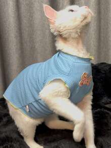 宠物罗纹针织无袖背心，可爱猫咪刺绣图案，透气宠物服装 - 藍色 - 查看 9