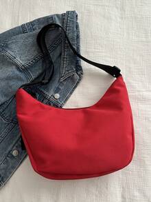 Fashionable Solid Color Nylon Waterproof Shoulder Bag, Casual Minimalist College Style, Wide Strap, Multiple Zipper Design, Suitable For Students, Shopping, Daily Use - Red - View 9