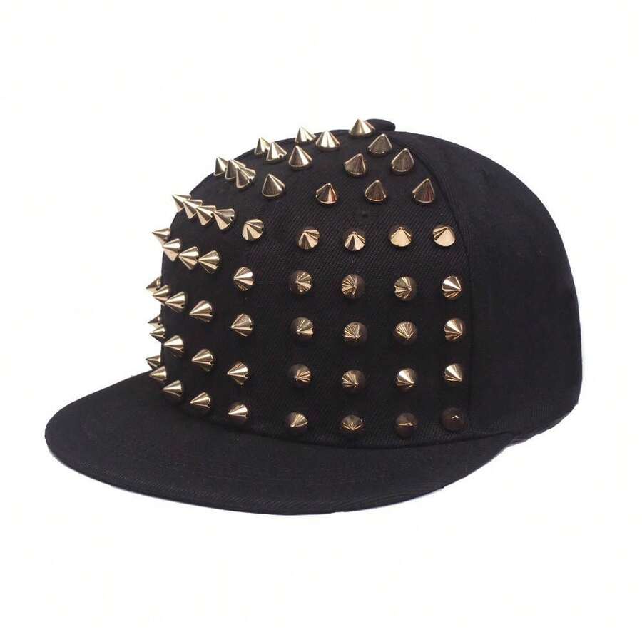 Edgy Spike Studded Hip Hop Cap With Flat Brim, A Unisex Streetwear Snapback Featuring Metal Stud Detailing & Adjustable Fit, Available In Black/Blue/Khaki/Off-White, Perfect For Daily Wear, Hip Hop Dance & Street Style. - 金色 - 查看 1