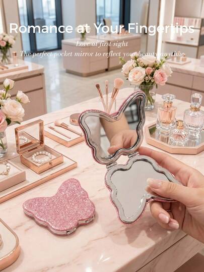 両面化粧鏡、1個グリッター PUレザー ピンク かわいい蝶デコレーション フリップカバー コンパクトミラー、高精細 ポータブル 小型ミラー 学生、通勤、旅行、結婚式、デート、ギフトに