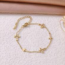 1pc Gold-Plated Minimalist Hollow Cross Stainless Steel Bracelet, Suitable For Women's Daily Wear And Gift Giving - CL-7586 - View 3