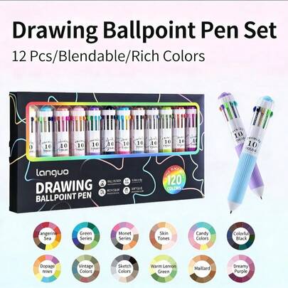 朗格120/60/116/30/28色油性圆珠笔 - 一支笔包含10种不同颜色，适用于日记、绘画和笔记 - 0.8毫米可爱卡通软握笔 - 学生创意文具