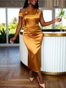 AOMEI 优雅金色缎面单肩修身连衣裙，饰有 3D 立体花卉，适合春夏婚礼宾客鸡尾酒会等场合。 - 玫瑰金 - 查看 1