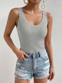 Womens Summer Sleeveless Tank Tops V Neck Ruffle Lightweight Ribbed Knit Shirt Casual Going Out Top - 灰色 - 查看 3