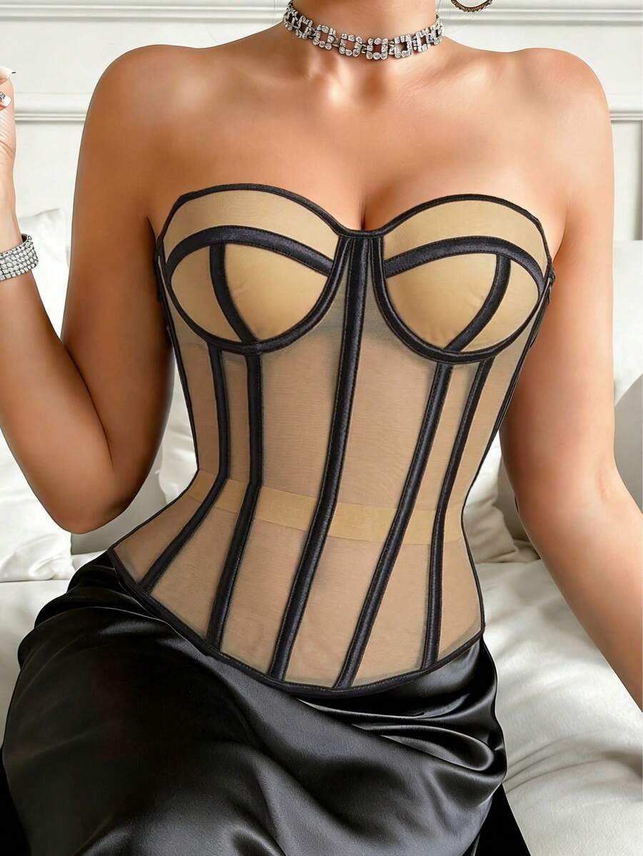 1 chiếc áo corset lưới xuyên thấu, áo ngực satin không dây gợi cảm có ren dành cho nữ đi chơi/dự tiệc Halloween, áo quây mùa hè. - Màu be - Xem 1