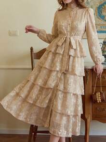 Elegant Embroidered Fabric Full-Open Front Multi-Layered Luxury Cake Dress For Women Vacation Spring - Khaki - View 2