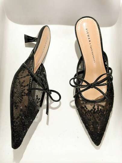 女士法式网眼闭趾穆勒凉鞋，尖头优雅细高跟夏季一脚蹬凉鞋