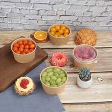 Cuencos desechables de papel kraft de 14 onzas con tapas recipientes de alimentos cuencos de sopa suministros para fiestas cuencos de golosina paquete de 50 unidades - marrón - Ver 2