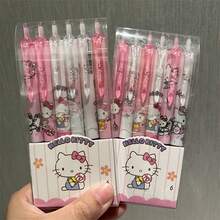 6 件套 Sanrio Hello Kitty 中性笔套装，0.55mm ST 子弹头设计黑色墨水碳素水笔，书写流畅连贯，学习用品，文具用品，学校用品，完美的派对礼物，粉丝节日礼物。 - 彩色 - 查看 1
