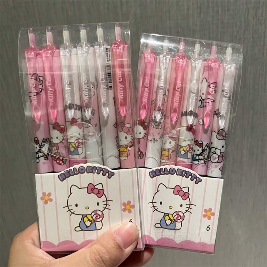 6 件套 Sanrio Hello Kitty 中性笔套装，0.55mm ST 子弹头设计黑色墨水碳素水笔，书写流畅连贯，学习用品，文具用品，学校用品，完美的派对礼物，粉丝节日礼物。 - 彩色 - 查看 1