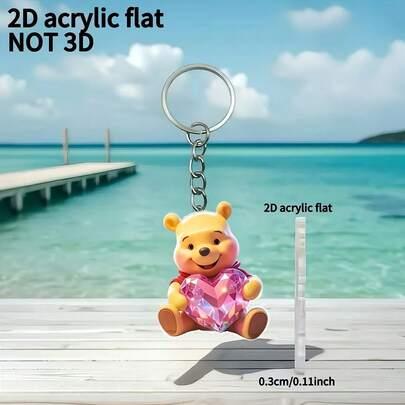 Disney 2D Flat Style - 1 Acrylic Keychain With A Pink Heart Bear, Cute Winnie Cartoon Keychain Suitable For Bags, Backpacks, Wallets, Ideal Holiday Gift Decoration, Backpack Accessory | Cartoon Heart Design | Durable Acrylic Cute Keychain