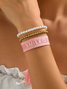 3件組時尚 SMILE 手工編織手鍊套組，附仿珍珠珠飾，甜美日常兒童珠寶飾品配件 - 粉色 - 查看 6