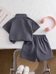 Chatreadl Toddler Grey Casual Set, Fuchsia Unicorn Print Half-Zip Short Sleeve Top & Shorts, Soft Fabric, Popular Baby Summer Outfit, Suitable For Spring, Autumn & Winter - Dark Grey - View 7
