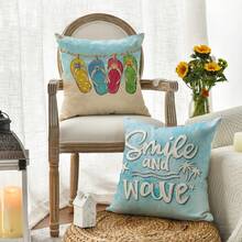4PCS Summer Flip-Flop Beach Smile And Waving Pillowcase, Ocean Scenery And Beach Starfish Holiday Seasonal Cushion Cover Decoration, Single-Sided Without Pillow Insert - Light Blue - View 6
