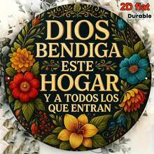 2D Flat, 1 Piece Spanish Prayer Plaque "God Bless This Home" - Bilingual English-Spanish Religious Wall Decoration, Includes Latin Blessings, Vintage Round Altar Sign, Suitable For Home, Christmas, Kitchen, And Foyer, Durable, Spanish Text Decoration - 1PC - View 3