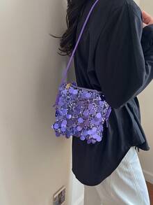 迷你亮片链条单肩包，个性纹理简约斜挎包，优雅手拿包，时尚亮片女士手机包，链条装饰可装手机和零钱，适合购物 - 紫色 - 查看 8