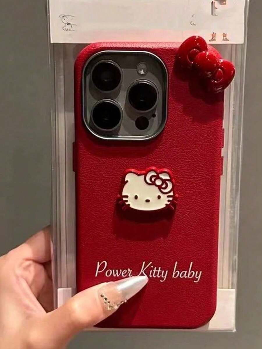 SANRIO 1 chiếc ốp lưng điện thoại bằng chất liệu TPU màu đỏ giả da, họa tiết nơ 3D hoạt hình, chống sốc, tương thích với iPhone 11/12/13/14/15/16/17/Pro Max - Đỏ - Xem 1