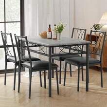 Conjunto de mesa de comedor de cocina de 5 piezas Muebles, mesa y sillas Conjunto de 4 personas, marco de metal Mesa rectangular moderna de madera con / sin sillas tapizadas para pequeño espacio comedor, comedor - Sillas tapizadas grises - Ver 4