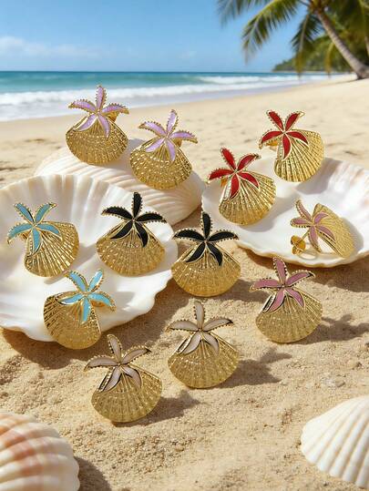 一对时尚海洋主题不锈钢耳环，贝壳和海星设计，适合女性外出、海滩度假或参加海边派对时佩戴。