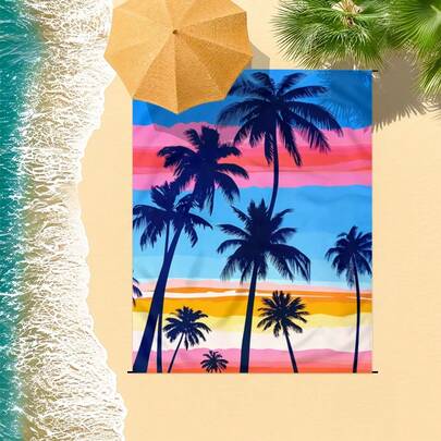 1件185*235厘米彩色天空棕榈树图案防水防沙沙滩毯，适合2-3人户外休闲海滩、露营、野餐，轻便耐用