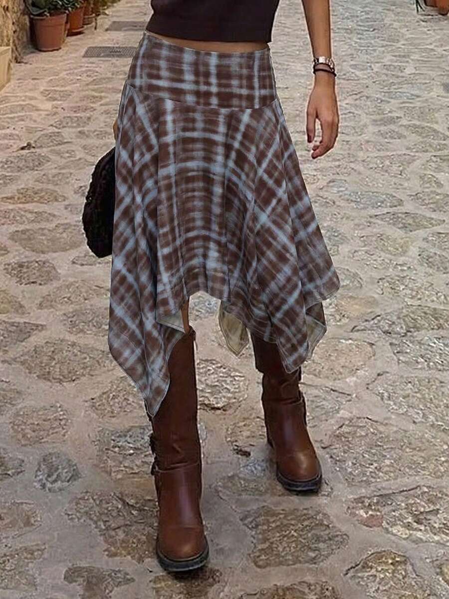 Chân váy chữ A lệch eo cao kẻ caro dành cho nữ, kiểu dáng thường ngày, phong cách retro năng động mùa xuân. - Nhiều màu - Xem 1