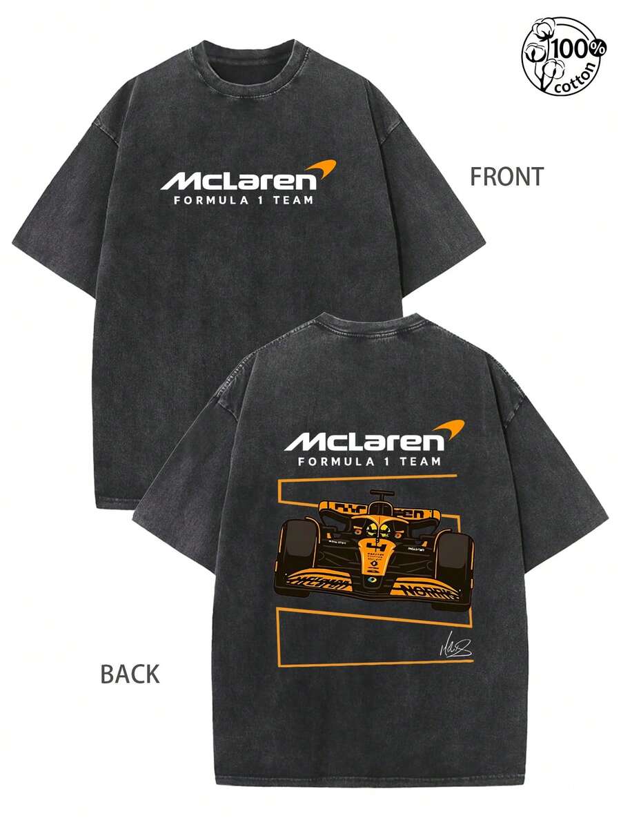 Landod Norrisw & Oscar Piastri F1 T-Shirt: McLarens Racing Fan Gift Apparel Formula1 Ones Merch,230G Washed High-Quality Cotton Printed Men's T-Shirt; Used For Washing, Retro Style, Suitable For Daily Wear, Street Retro And Outdoor Sports Leisure, Sports Outfit, Fan Merchandise, Limited Edition Merchandise! Vintage Washed Pure Cotton Short Sleeves For Watching Matches, Wearing Ceiling Accessories - 黑色 - 查看 1